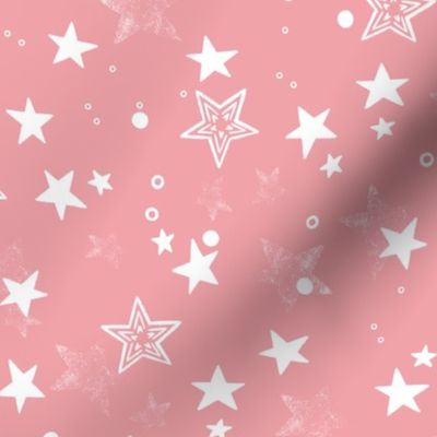 Celestial bodies, many white stars on a pink background