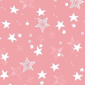 Celestial bodies, many white stars on a pink background