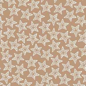 Celestial bodies, large white stars on a dark beige background