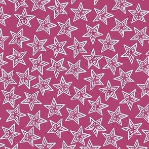 Celestial bodies, large white stars on a dark pink background