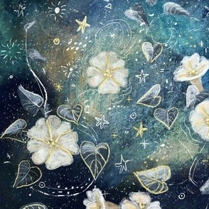 Moonflower Floral Flowers Blue Green Petrol Stars