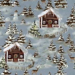 winter Cottages in the Snow Deer Snowman Christmas