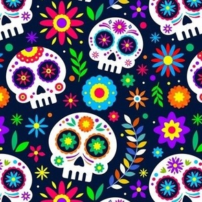 Sugar Skull Mexican Floral, Folk Art, Traditional Mexican Pattern. Bright Mexican Floral pattern on Dark Background Sugar Skull