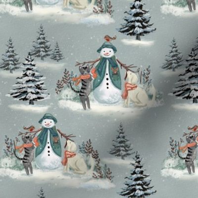 Snowman Dog Cat Winter Christmas Snow