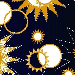 Celestial bodies, many yellow and white stars on a dark blue striped background