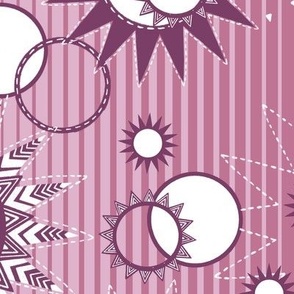 Celestial bodies, many burgundies and white stars on a light burgundy striped background