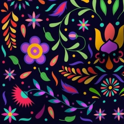 Mexican Floral, Folk Art, Traditional Mexican Pattern. Bright Mexican Floral pattern on Dark Background