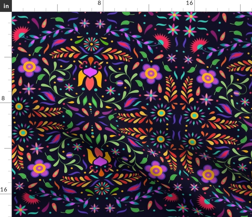 Mexican Floral, Folk Art, Traditional Mexican Pattern. Bright Mexican Floral pattern on Dark Background