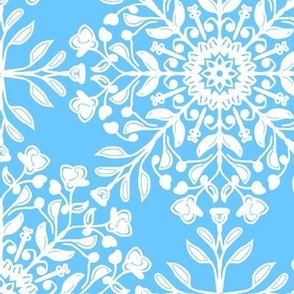Bohemian Floral Kaleidoscope in White on Blue