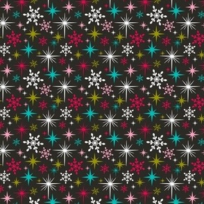 Stardust  - Retro Christmas Snowflakes and Stars - Black Small Scale
