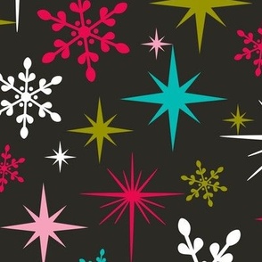 Stardust  - Retro Christmas Snowflakes and Stars - Black Large Scale