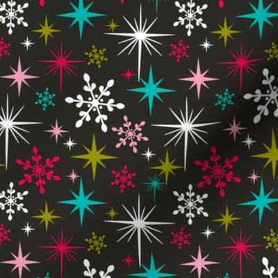 Stardust  - Retro Christmas Snowflakes and Stars - Black Regular Scale