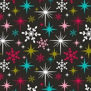 Stardust  - Retro Christmas Snowflakes and Stars - Black Regular Scale