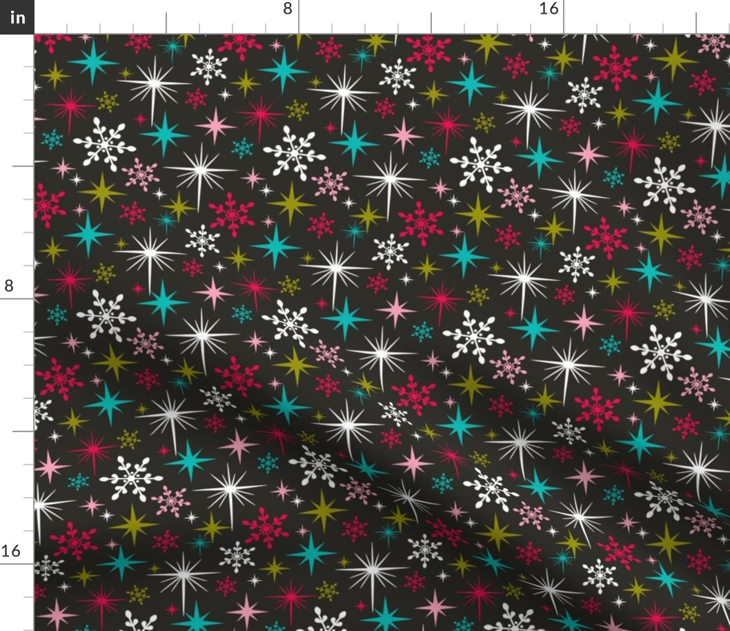 Stardust  - Retro Christmas Snowflakes and Stars - Black Regular Scale