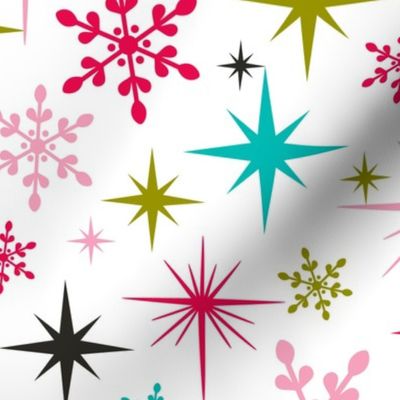 Stardust  - Retro Christmas Snowflakes and Stars - White Large Scale