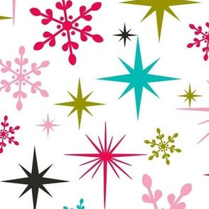 Stardust  - Retro Christmas Snowflakes and Stars - White Large Scale