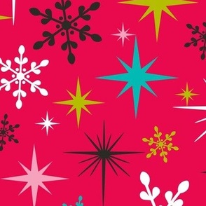 Stardust  - Retro Christmas Snowflakes and Stars - Bright Pink Large Scale