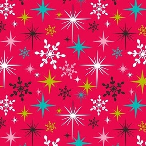 Stardust  - Retro Christmas Snowflakes and Stars - Bright Pink Regular Scale
