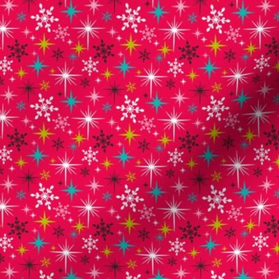 Stardust  - Retro Christmas Snowflakes and Stars - Bright Pink Small Scale