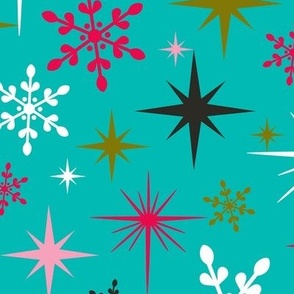 Stardust  - Retro Christmas Snowflakes and Stars - Aqua Large Scale
