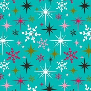 Stardust  - Retro Christmas Snowflakes and Stars - Aqua Regular Scale