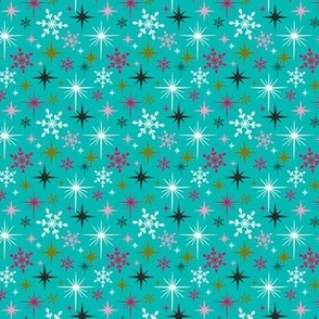 Stardust  - Retro Christmas Snowflakes and Stars - Aqua Small Scale