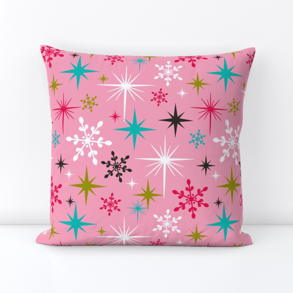Stardust  - Retro Christmas Snowflakes and Stars - Pink Large Scale