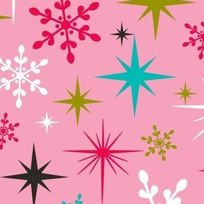 Stardust  - Retro Christmas Snowflakes and Stars - Pink Large Scale