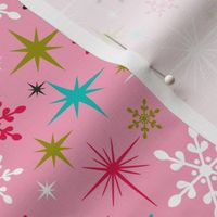 Stardust  - Retro Christmas Snowflakes and Stars - Pink Regular Scale