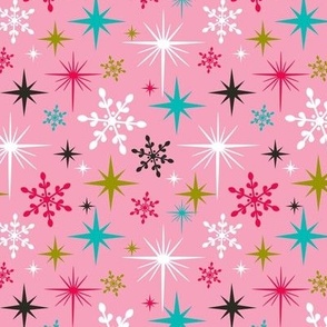 Stardust  - Retro Christmas Snowflakes and Stars - Pink Regular Scale