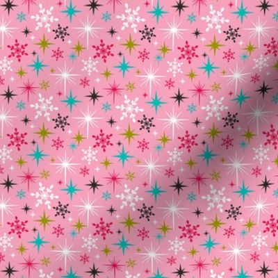 Stardust  - Retro Christmas Snowflakes and Stars - Pink Small Scale
