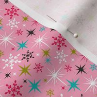 Stardust  - Retro Christmas Snowflakes and Stars - Pink Small Scale