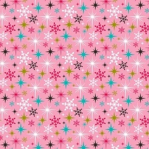 Stardust  - Retro Christmas Snowflakes and Stars - Pink Small Scale