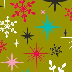 Stardust  - Retro Christmas Snowflakes and Stars - Green Large Scale