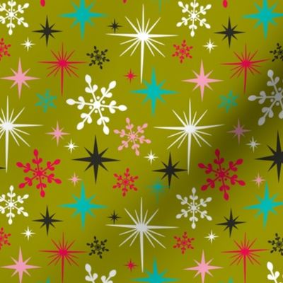 Stardust  - Retro Christmas Snowflakes and Stars - Green Regular Scale
