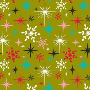 Stardust  - Retro Christmas Snowflakes and Stars - Green Regular Scale