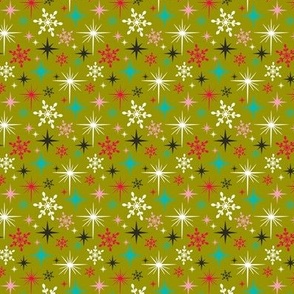 Stardust  - Retro Christmas Snowflakes and Stars - Green Small Scale