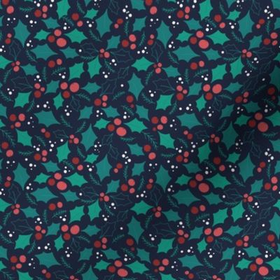 Winter Berries // Normal Scale // Navy Blue Background // Xmas Holly Pine Plants // Winter Time // Winter Holidays // Red Xmas Plants // Cotton //