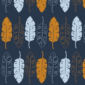 Block Print Stamped Tropical Blue and Bronze  Banana Leaf on Navy