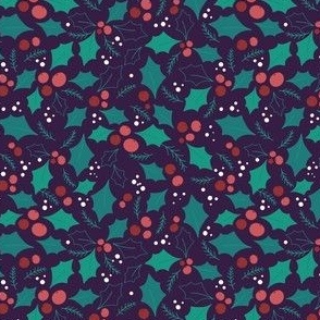 Cold Berries // Normal Scale // Navy Blue Background // Xmas Holly Pine Plants // Winter Time // Winter Holidays // Red Xmas Plants // Cotton //