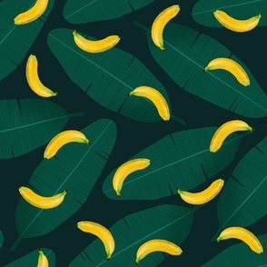 Banana and leaves on dark green