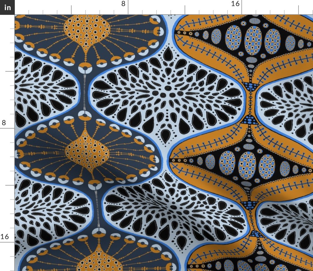 Botanical geometric seed pods blue and gold  LARGE