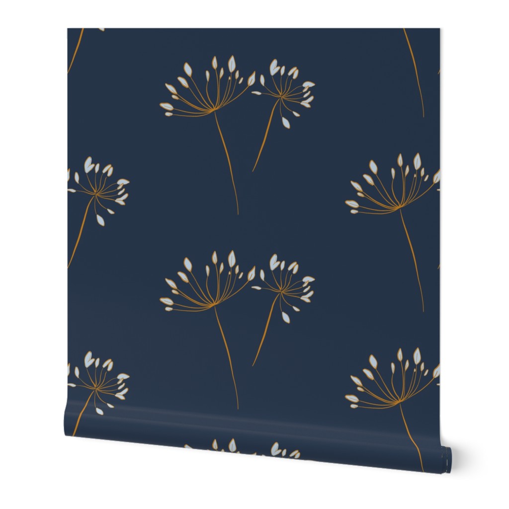 Herbal dandelion meadow rustic boho - navy orange blue 