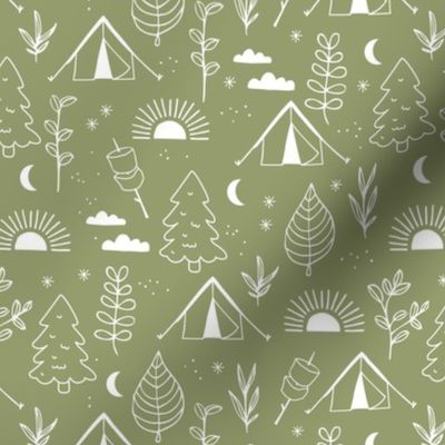 Good morning sunshine sweet boho camping adventures forest trees leaves and marshmallows white on olive green