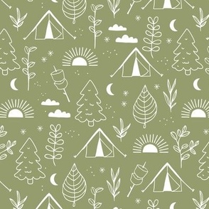 Good morning sunshine sweet boho camping adventures forest trees leaves and marshmallows white on olive green