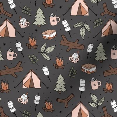 Winter wonderland camping trip outside adventures with campfire marshmallows and hot chocolate pine tree forest and wood logs neutral beige orange seventies vintage brown on charcoal gray