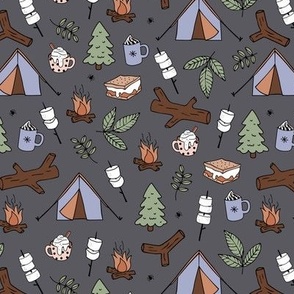 Winter wonderland camping trip outside adventures with campfire marshmallows and hot chocolate pine tree forest and wood logs mint green lilac on charcoal gray