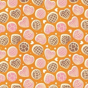 Tiny scale // Mexican pan dulce // orange background pink and brown conchas