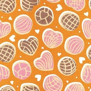 Small scale // Mexican pan dulce // orange background pink and brown conchas