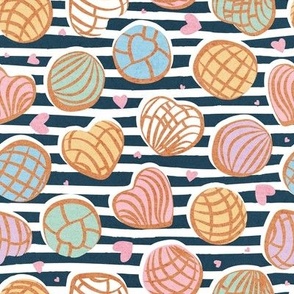 Small scale // Mexican pan dulce // nile blue stripes background multicolored conchas